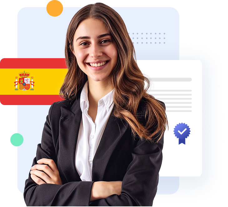 Smiling woman in a business suit standing in front of the Spanish flag, representing certified Spanish translation services.