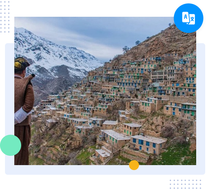 Traditional Kurdish mountain village with terraced stone houses viewed by a man in regional attire.