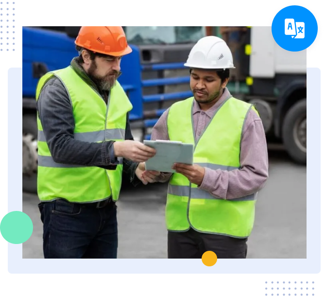 Workers reviewing safety documents for oil and gas translation compliance