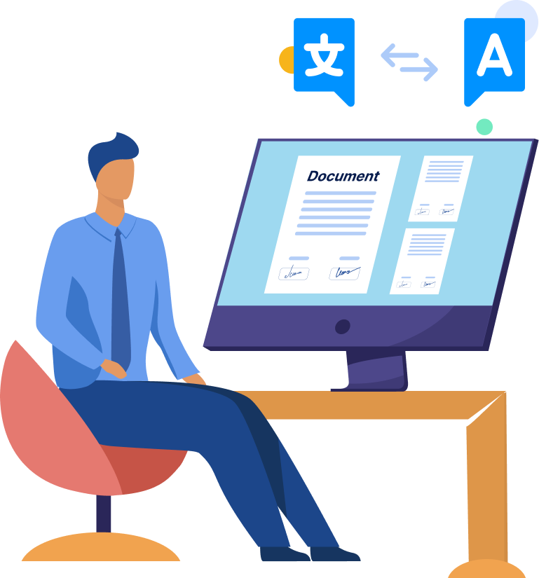 Professional Dari translation workflow concept with a translator reviewing certified documents on a computer.