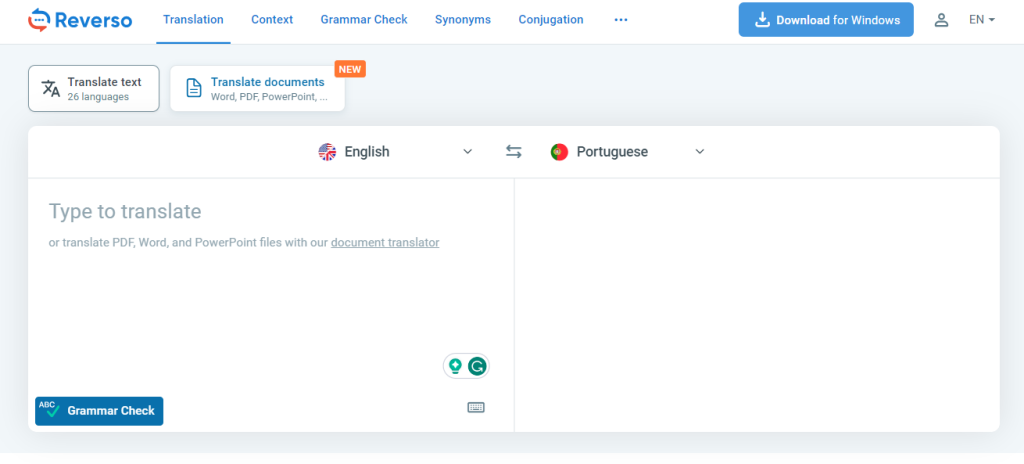 Rapid Translate’s screenshot of Reverso’s translation page on a desktop browser.