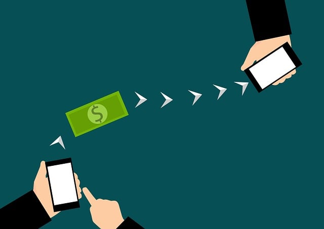 An illustration of someone sending money to another person via mobile transfer.
