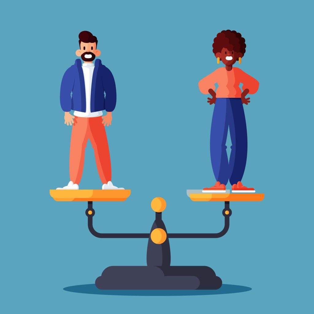 Two people stand on each side of a balance.