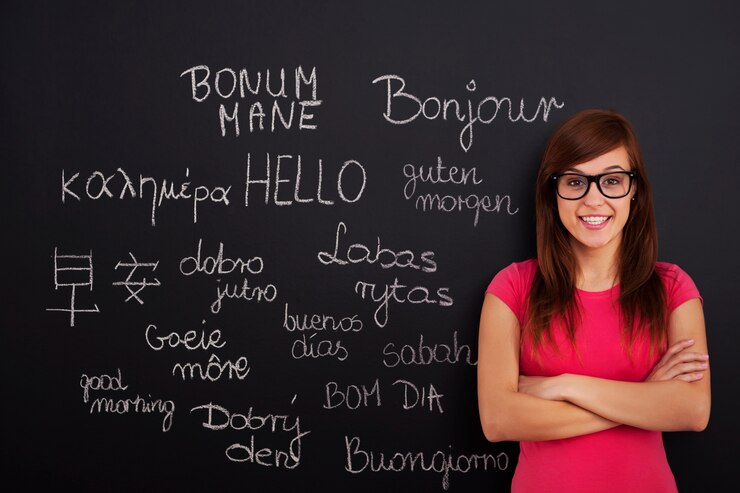 A person stands before a chalkboard with “Hello” written in multiple languages.