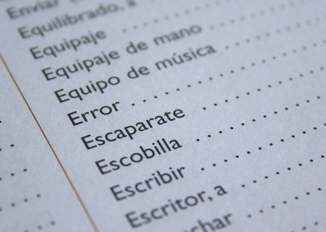 A book with a list of Spanish words.
