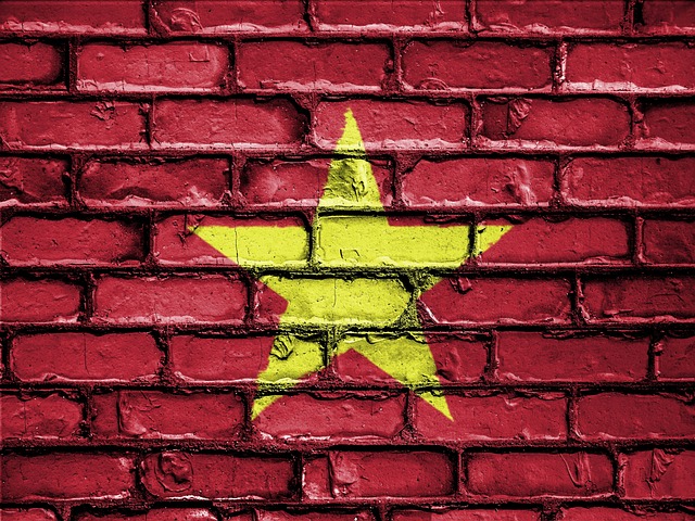 The Vietnamese emblem and red color painted on a wall.
