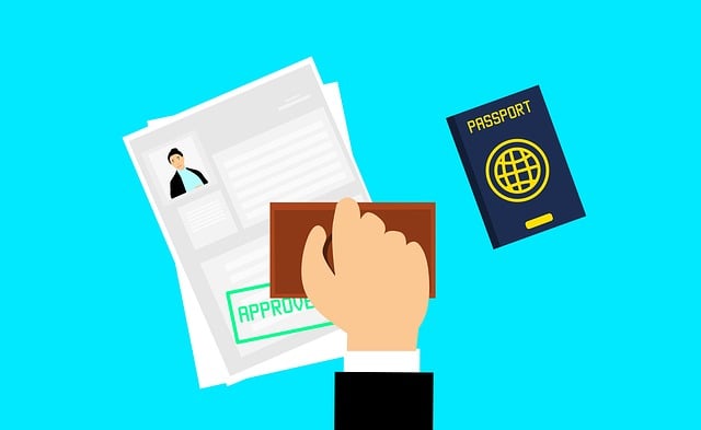 An illustration in which someone places an approval stamp on a document beside a passport.
