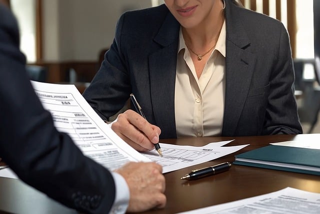 A person wearing a black suit writes on a document in front of another person wearing a black suit.

