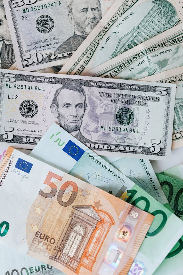 A close-up of multiple Euros and American dollar bills.