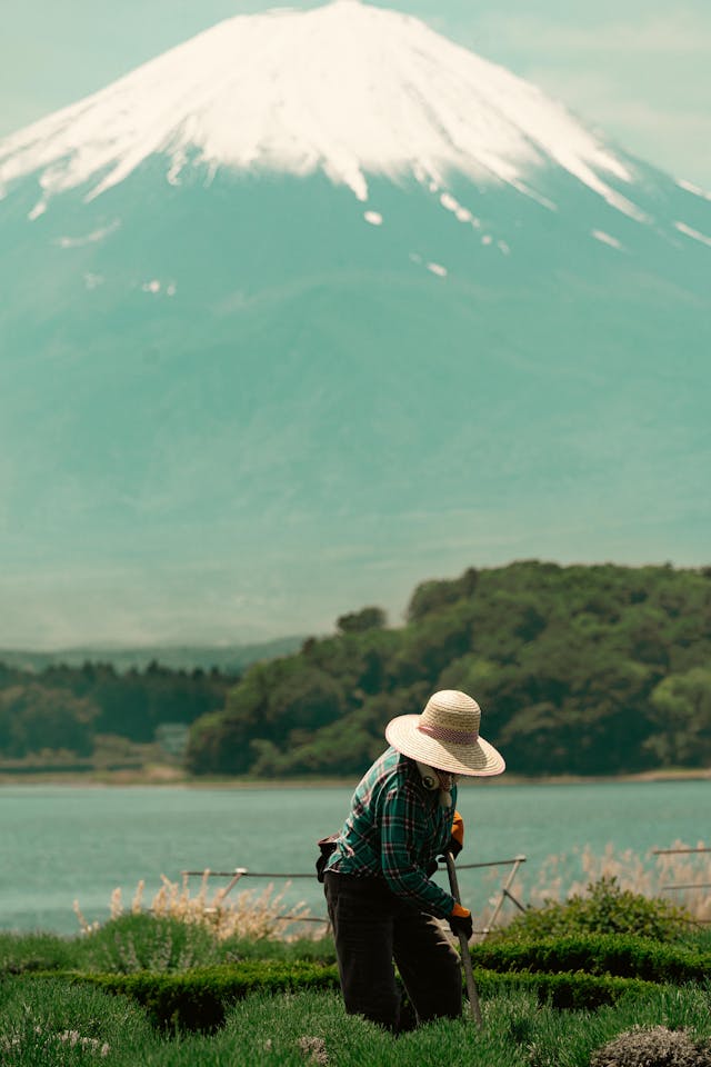 A farmer with a light brown hat works on their farm.