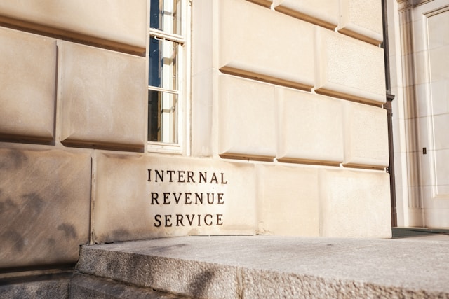 A close-up of a building with ‘Internal Revenue Service’ on its wall.