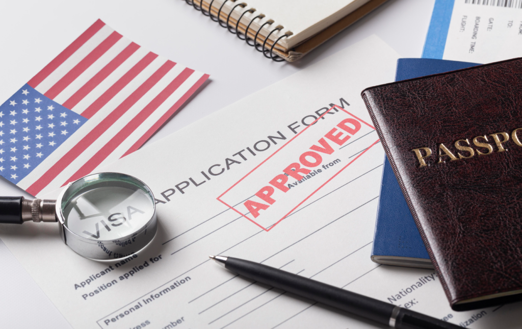 U.S. application form with an 'Approved' stamp.