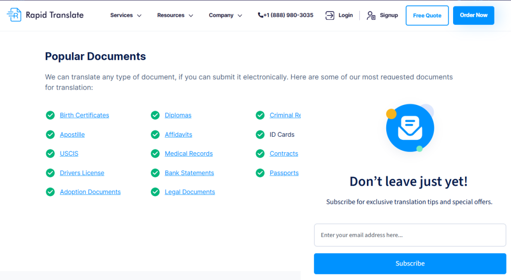 A screenshot of the Rapid Translate page with a list of popular documents and a contact form.