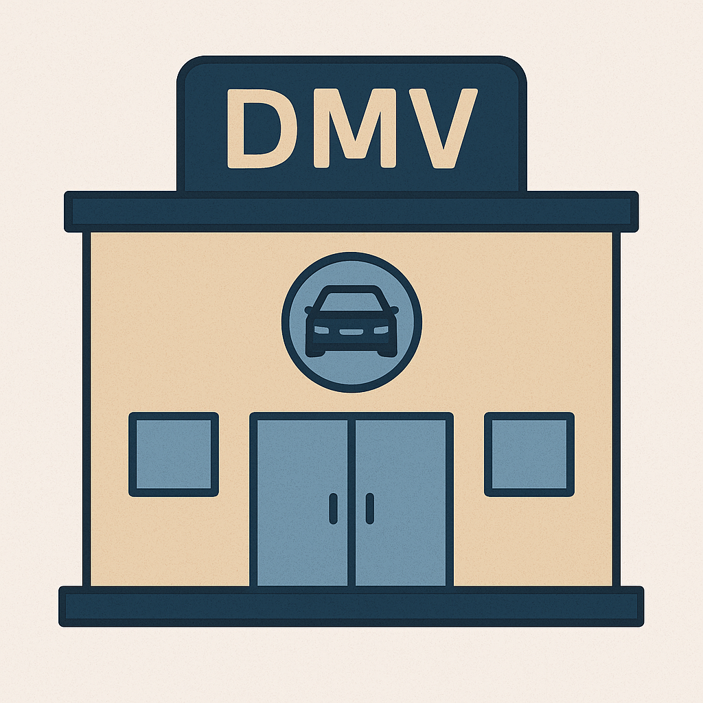 A flat illustration of a DMV building with a car symbol and a large DMV sign above the entrance.