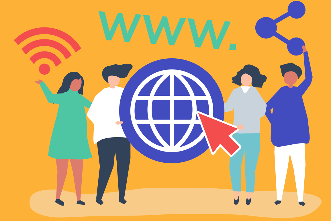 An illustration of people around a globe symbol with internet icons like Wi-Fi, share, and “WWW”.