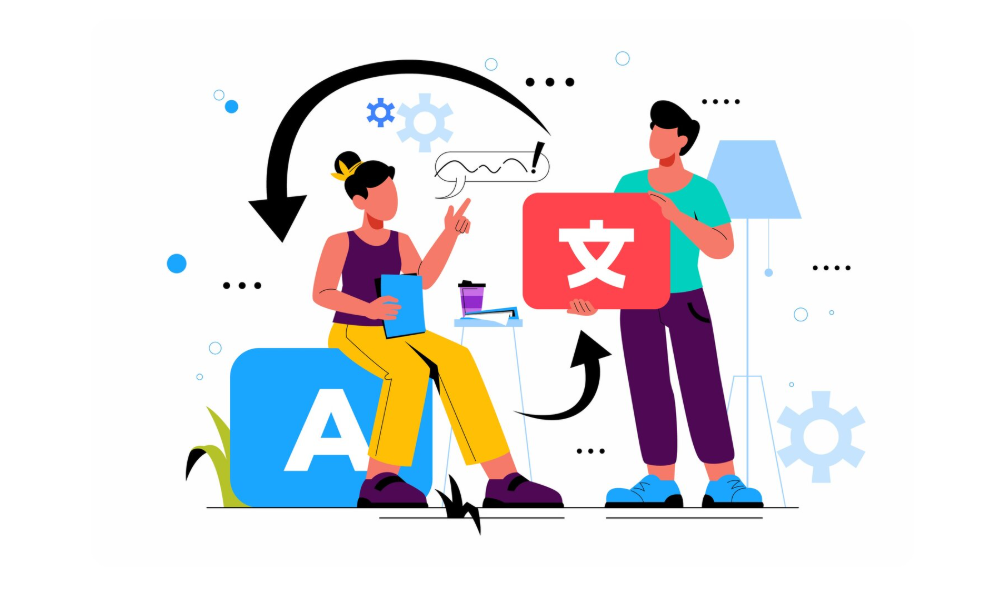 Two people translating languages, with one holding an “A” block and the other holding a block with a foreign character.