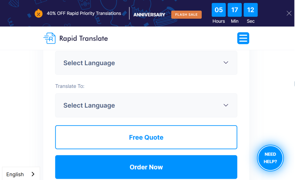 A screenshot of the Rapid Translate order form with the Order Now button and Select Language options.