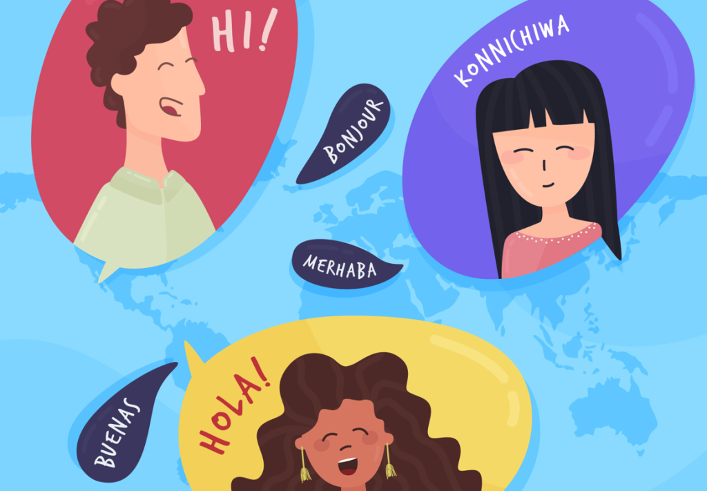 An illustration of diverse people greeting in different languages.