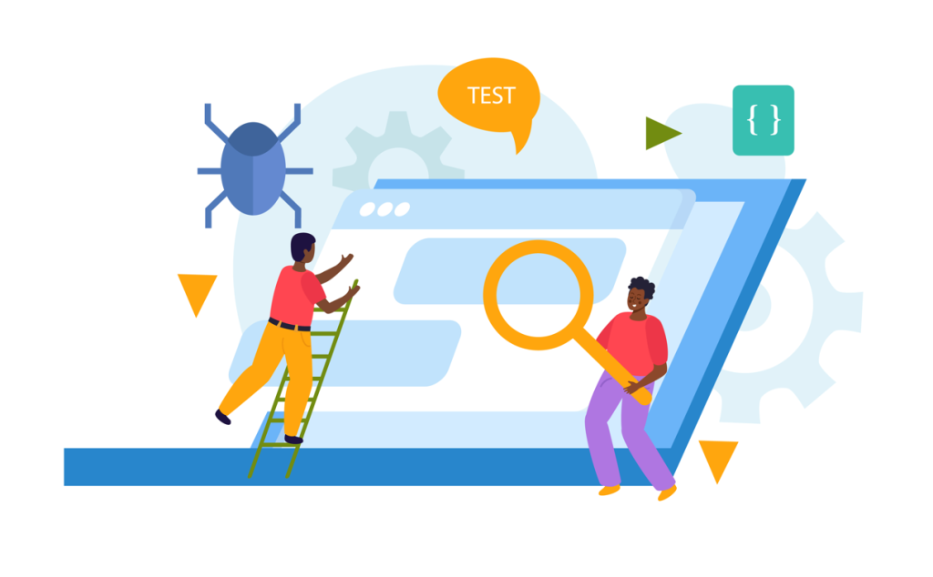 An illustration of two people testing software with a magnifying glass, bug icon, and code symbols on a large screen.